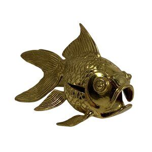 VTG Gold-Tone Brass Koi Fish Trinket Jewelry Box Open Top Lid Art Deco 3" x 1.5"